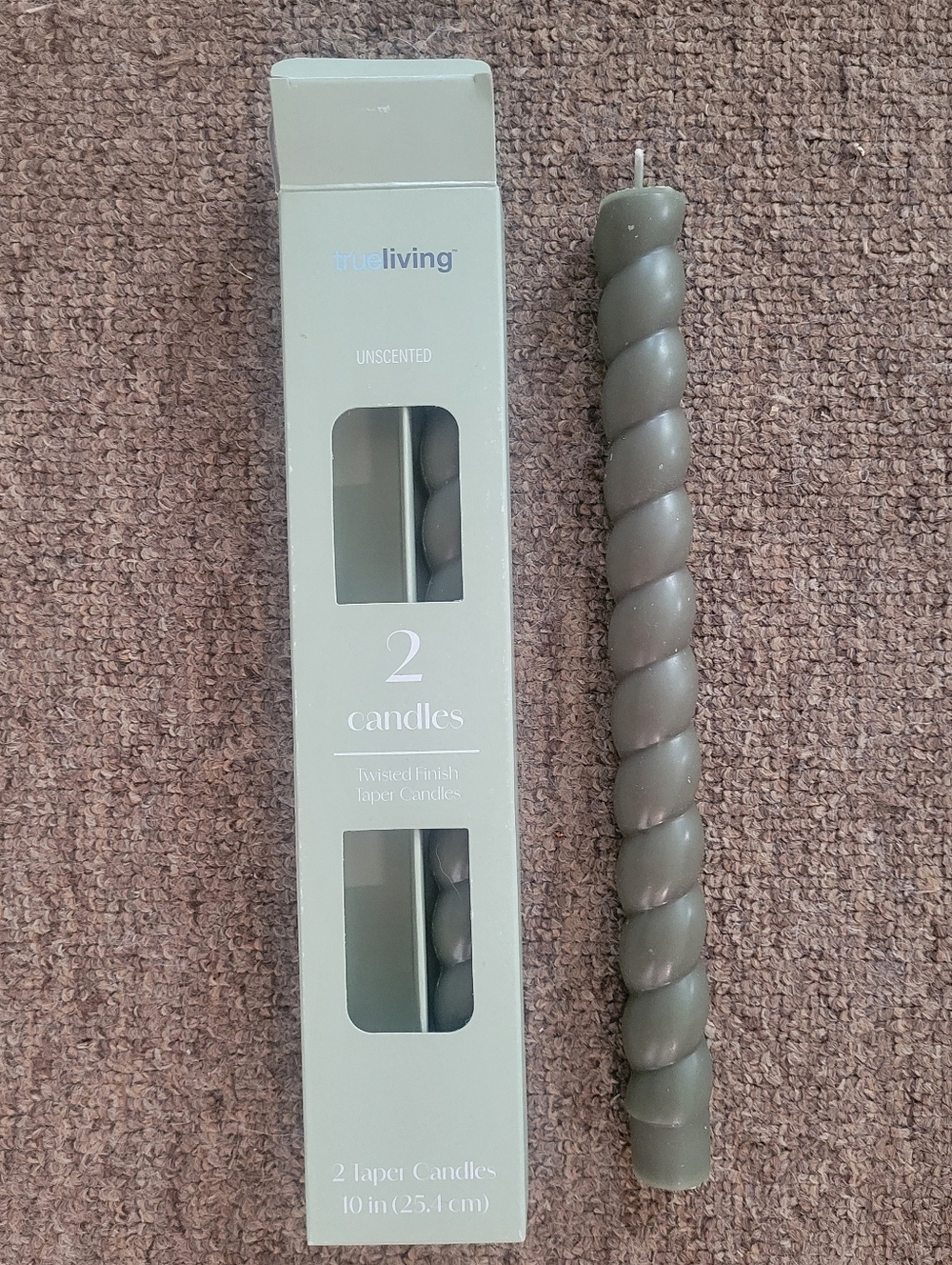 True Living Olive Green Twisted Taper Candle - Single